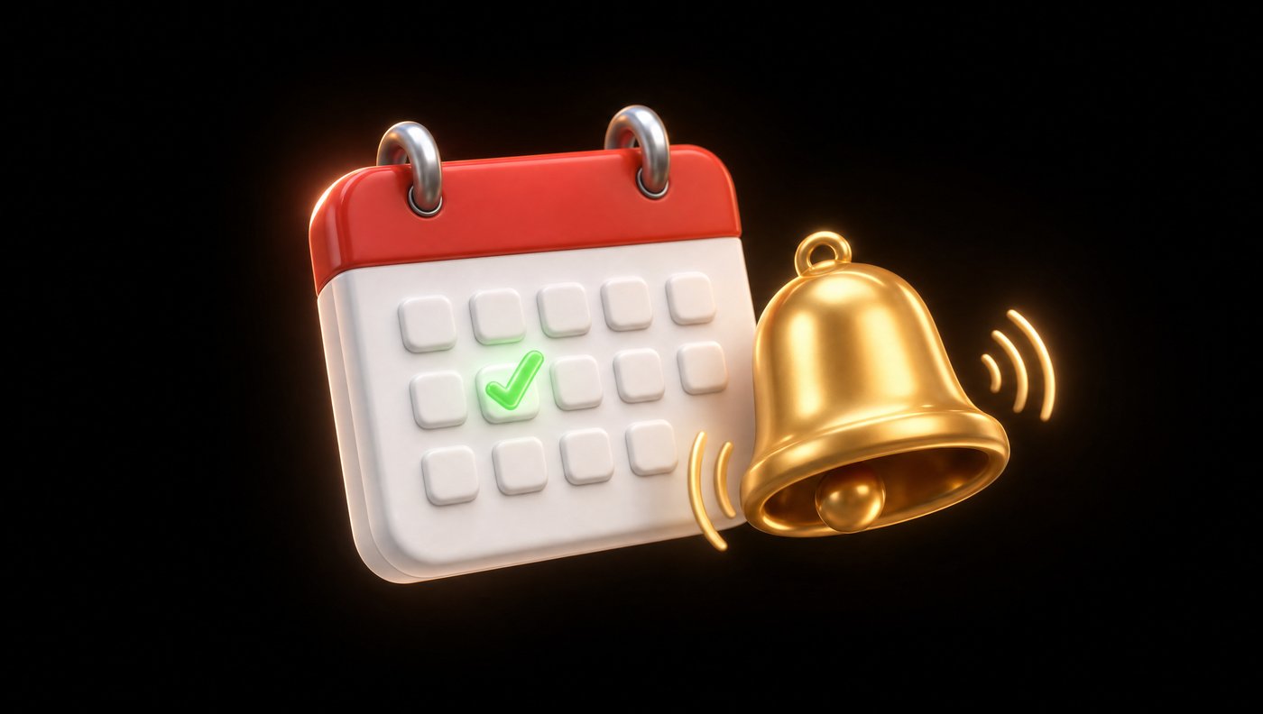 Un calendario con un día palomeado y una campana sonando: la visita apartada y su recordatorio.