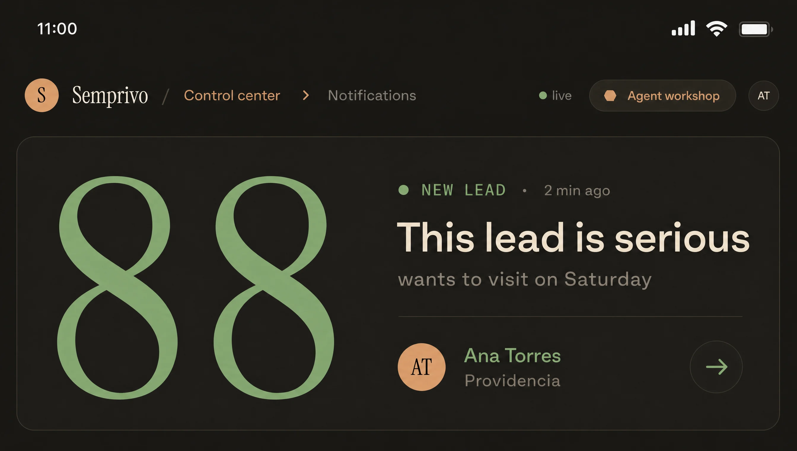 Agent alert on your phone: Ana López, score 88, wants to visit on Saturday.
