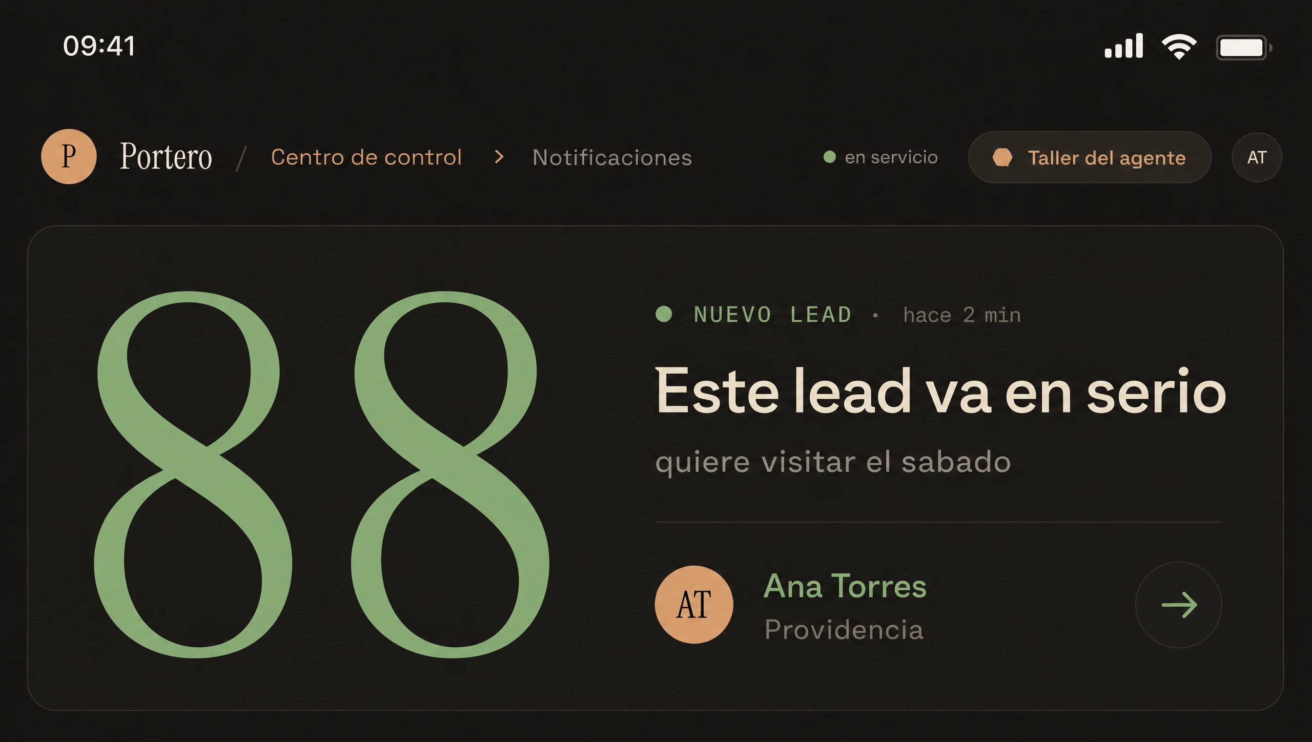 Aviso del agente en tu teléfono: Ana López, score 88, quiere visitar el sábado.