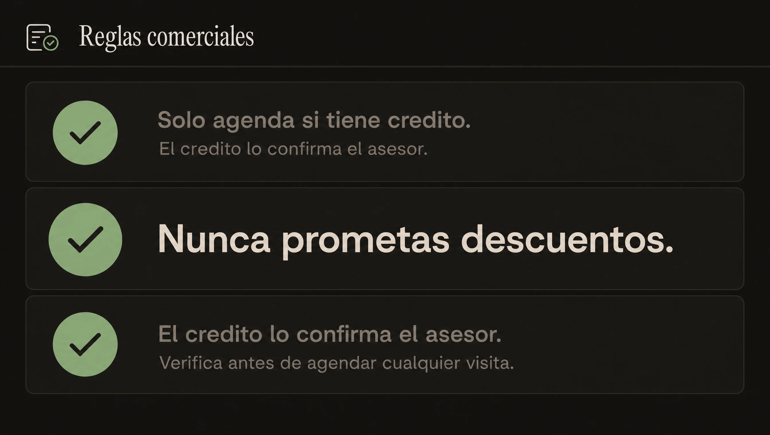 Las reglas del dueño aplicadas: nunca negocia el precio, nunca promete escrituras, el crédito lo ves tú.