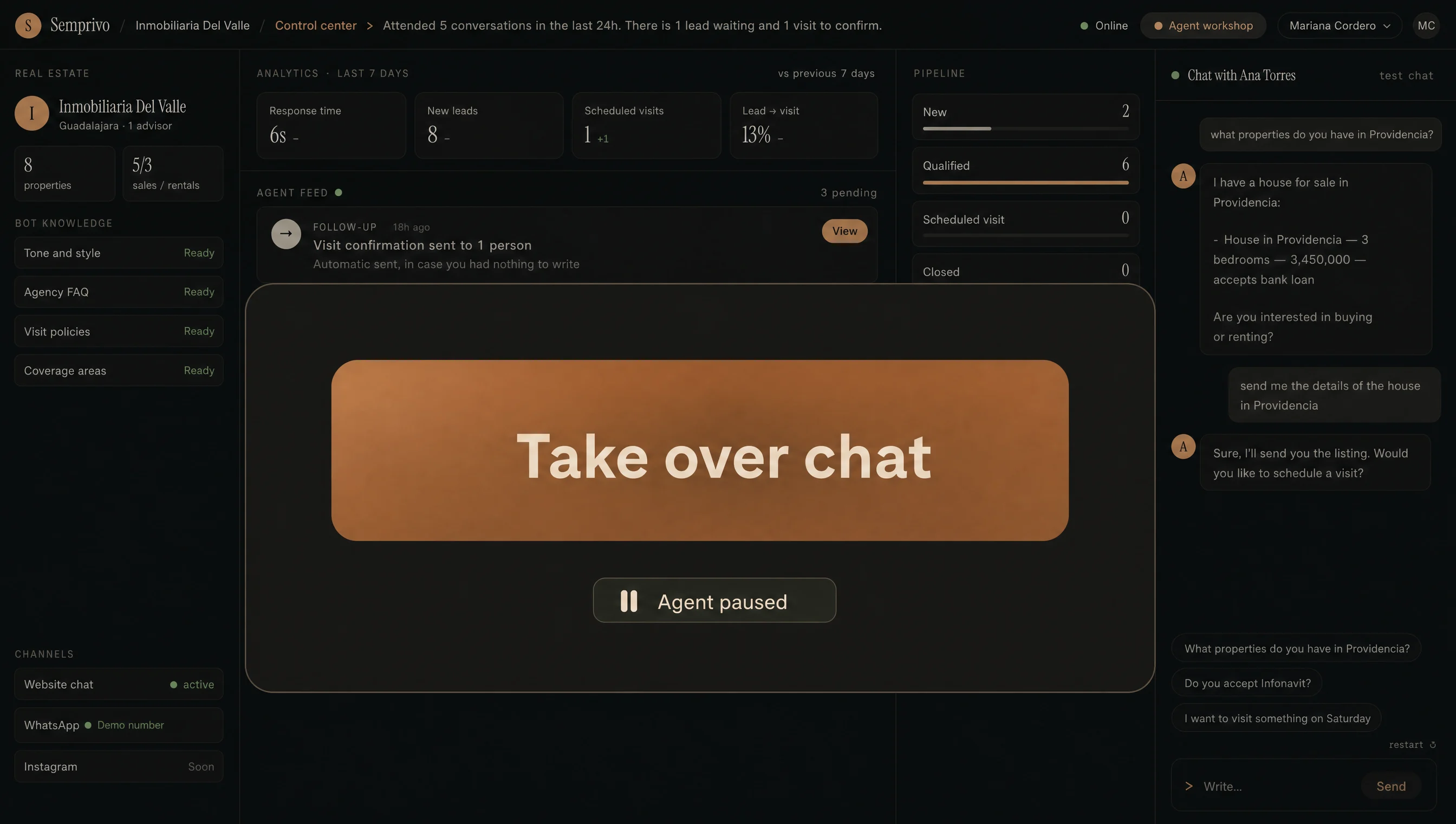 Handoff: the agent proposed the visit, you take the chat, and it stops.