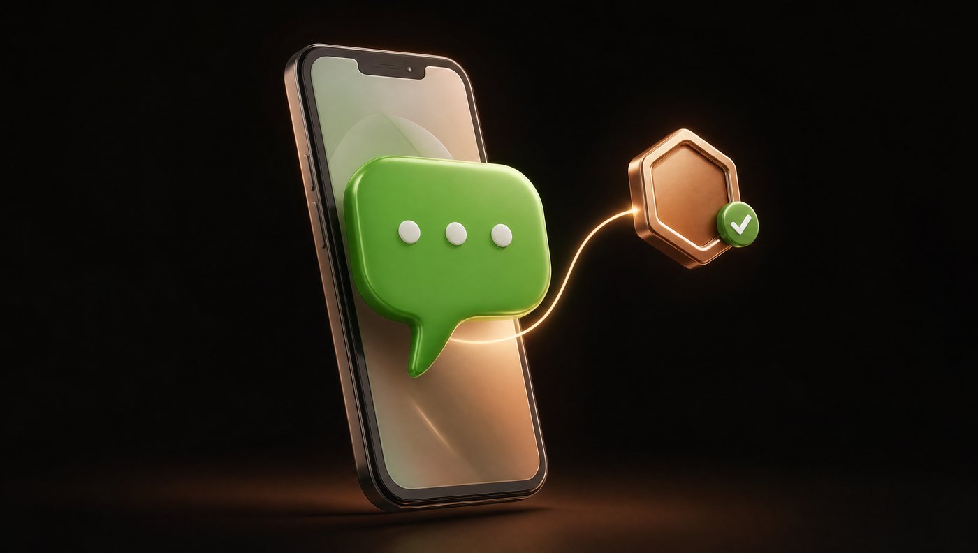 Un teléfono con una burbuja de mensaje verde conectada por un hilo de luz a un hexágono cobre con una palomita: WhatsApp enlazado con tu agente.
