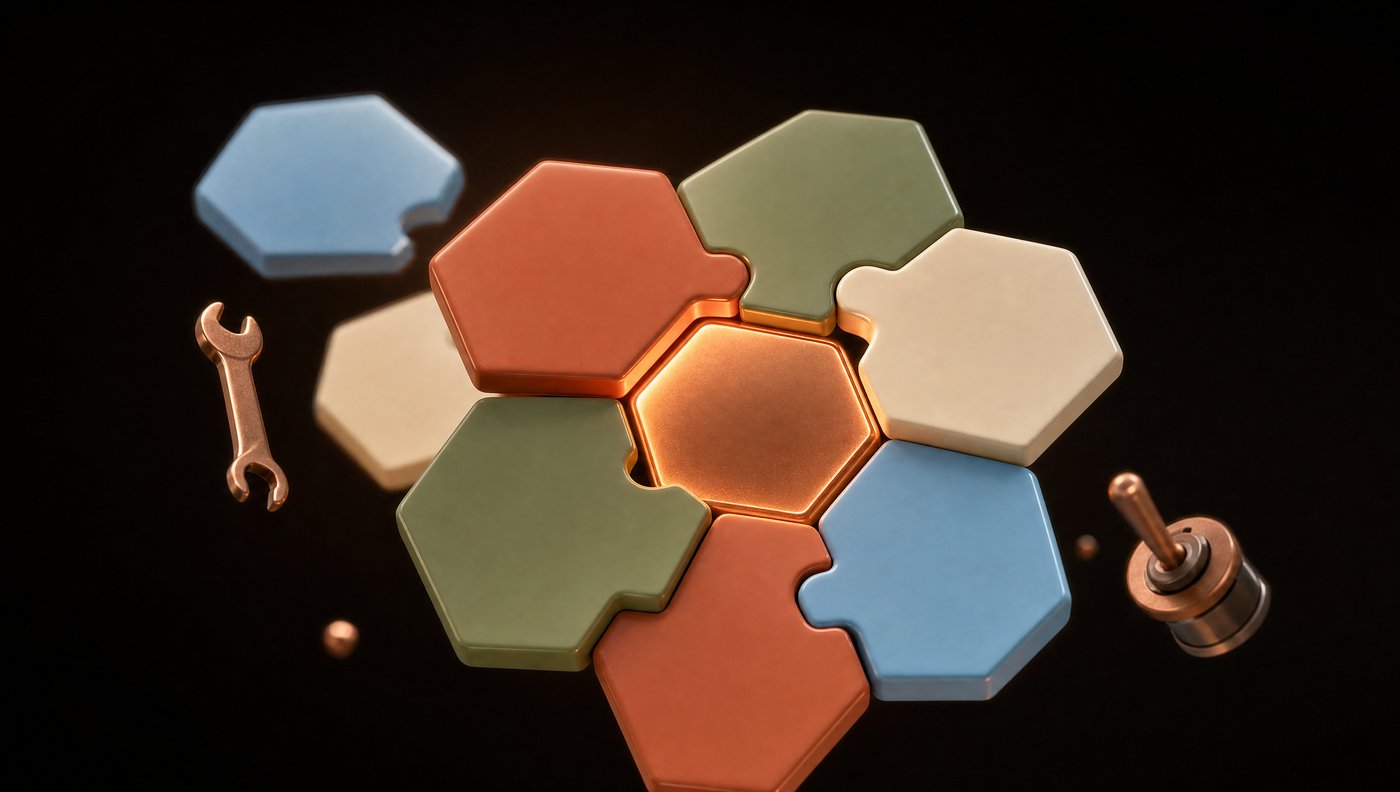 Hexágonos de colores ensamblándose alrededor de uno cobre encendido, con una llave y un desarmador al lado: el taller donde ajustas cada pieza.