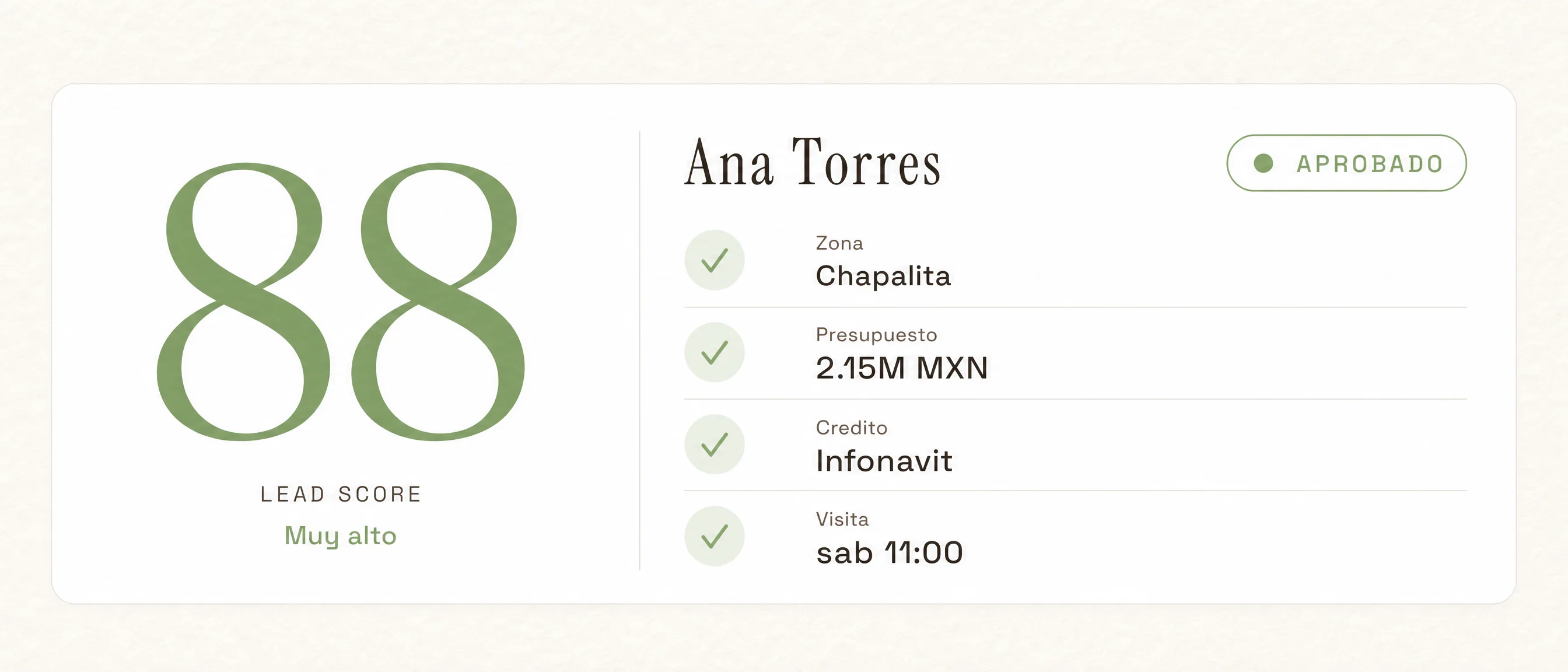 Lead precalificado: Ana Torres, score 88, aprobado.